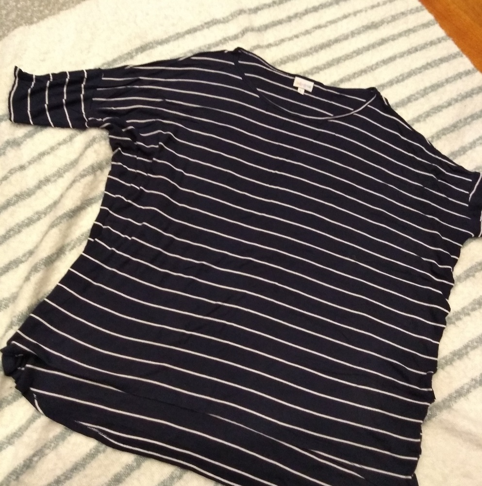 LuLaRoe Hi-Lo Navy Blue & White Striped Dolman Top